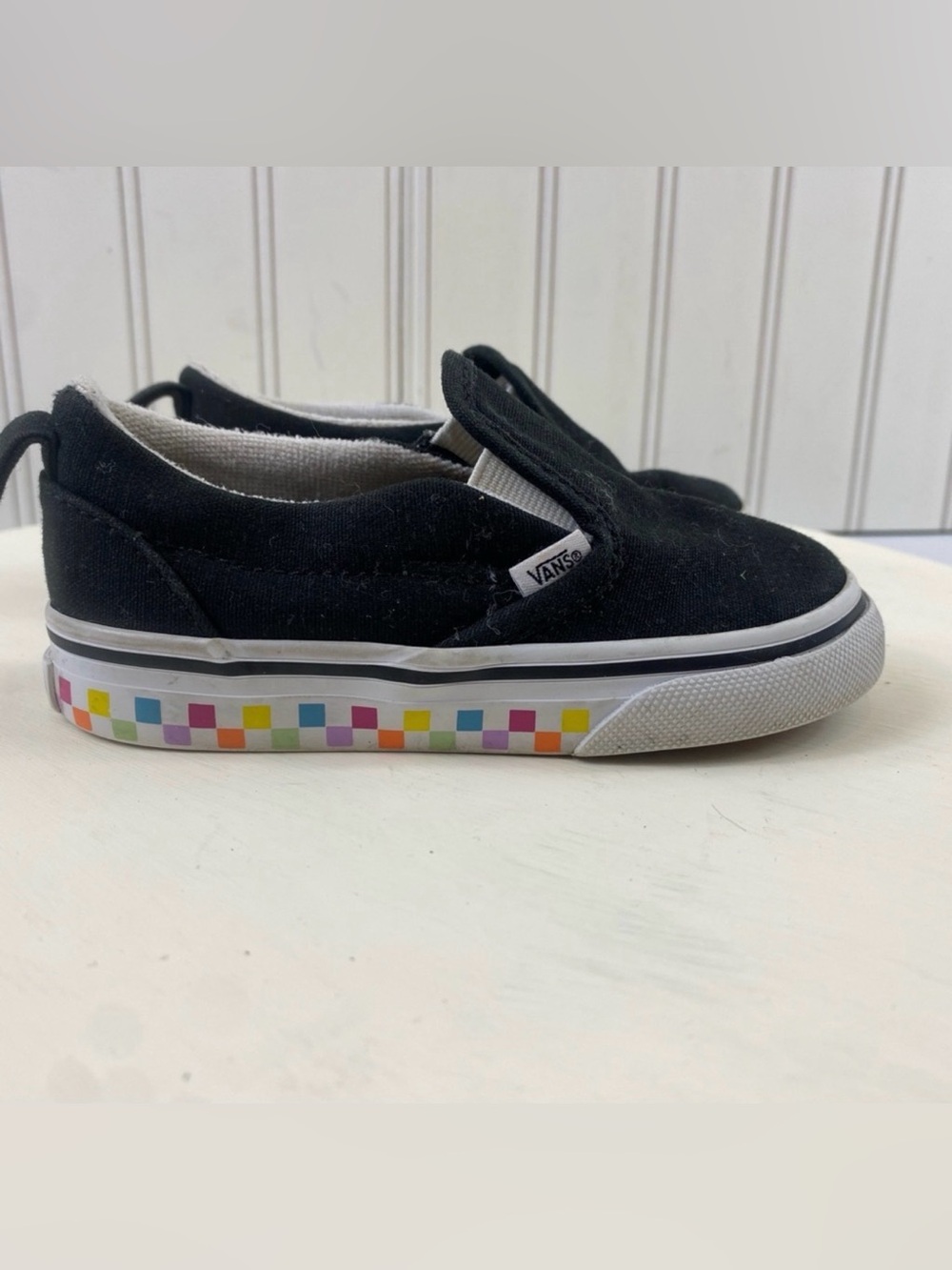 Vans Toddler Black Slip On Checkerboard Rainbow Sneakers Sz 7